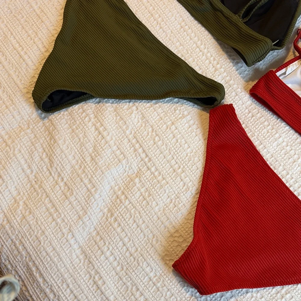 CUPSHE Women’s Two Piece Triangle Top  Set of 2 Green and Orange - Picture 9 of 9